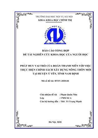 Báo cáo Đề tài Phát huy vai trò của đoàn thanh niên với việc thực hiện chính sách xây dựng nông thôn mới tại huyện Ý Yên, tỉnh Nam Định