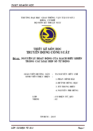 Tiểu luận môn Truyền động công suất - Đề tài: Nguyên lý hoạt động của mạch điều khiển trong các loại hộp số tự động - Phan Đình Hải