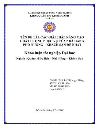 Khóa luận Các giải pháp nâng cao chất lượng phục vụ của nhà hàng Phố Nướng – Khách sạn Đệ Nhất