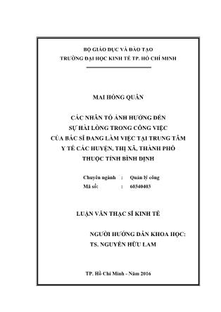 Luận văn Các nhân tố ảnh hưởng đến sự hài lòng trong công việc của bác sĩ đang làm việc tại trung tâm y tế các huyện, thị xã, thành phố thuộc tỉnh Bình Định