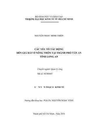 Luận văn Các yếu tố tác động đến giá đất ở nông thôn tại thành phố Tân An, tỉnh Long An