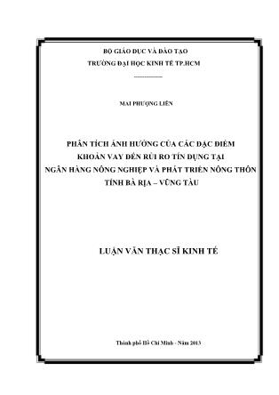 Luận văn Đo lường ảnh hưởng của các đặc điểm khoản vay đến rủi ro tín dụng tại Ngân hàng Nông nghiệp và Phát triển Nông thôn tỉnh Bà Rịa – Vũng Tàu