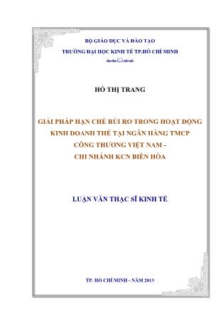 Luận văn Giải pháp hạn chế rủi ro trong hoạt động kinh doanh thẻ tại Ngân hàng TMCP Công thương Việt Nam - Chi nhánh KCN Biên Hòa