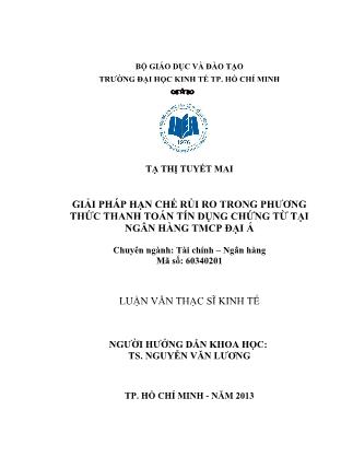 Luận văn Giải pháp hạn chế rủi ro trong phương thức thanh toán tín dụng chứng từ tại Ngân hàng TMCP Đại Á
