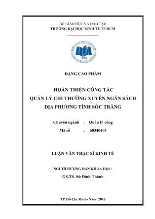 Luận văn Hoàn thiện công tác quản lý chi thường xuyên ngân sách địa phương tỉnh Sóc Trăng