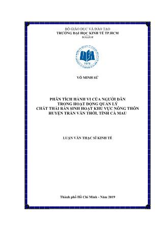 Luận văn Phân tích hành vi của người dân trong hoạt động quản lý chất thải rắn sinh hoạt khu vực nông thôn huyện Trần Văn Thời, tỉnh Cà Mau