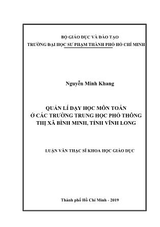 Luận văn Quản lí dạy học môn toán ở các trường Trung học phổ thông thị xã Bình Minh, tỉnh Vĩnh Long