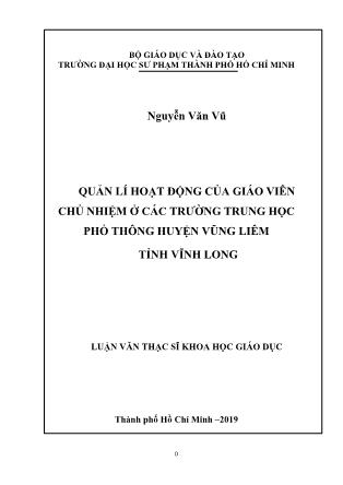 Luận văn Quản lí hoạt động của giáo viên chủ nhiệm ở các trường Trung học phổ thông huyện Vũng Liêm, tỉnh Vĩnh Long