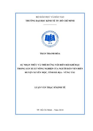 Luận văn Sự nhận thức và thích ứng với biến đổi khí hậu trong sản xuất nông nghiệp của người dân ven biển huyện Xuyên Mộc, tỉnh Bà Rịa - Vũng Tàu