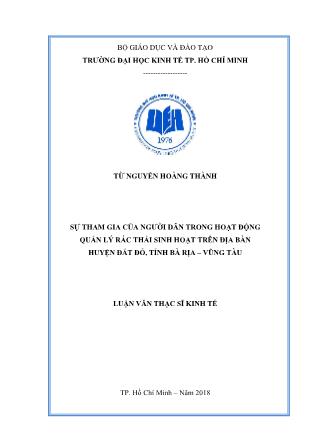 Luận văn Sự tham gia của người dân trong hoạt động quản lý rác thải sinh hoạt trên địa bàn huyện Đất Đỏ, tỉnh Bà Rịa – Vũng Tàu