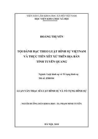 Luận văn Tội đánh bạc theo luật hình sự Việt Nam và thực tiễn xét xử trên địa bàn tỉnh Tuyên Quang