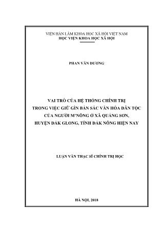 Luận văn Vai trò của hệ thống chính trị trong việc giữ gìn bản sắc văn hóa dân tộc của người M’nông ở xã Quảng Sơn, huyện Đắk Glong, tỉnh Đắk Nông hiện nay