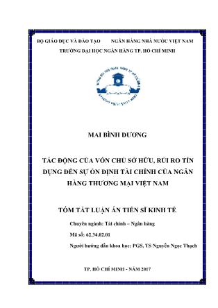 Tóm tắt Luận án Tác động của vốn chủ sở hữu, rủi ro tín dụng đến sự ổn định tài chính của Ngân hàng thương mại Việt Nam