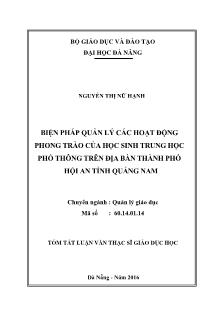 Tóm tắt Luận văn Biện pháp quản lý các hoạt động phong trào của học sinh Trung học phổ thông trên địa bàn thành phố Hội An tỉnh Quảng Nam