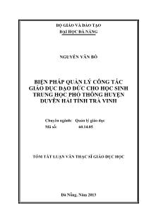 Tóm tắt Luận văn Biện pháp quản lý công tác giáo dục đạo đức cho học sinh Trung học Phổ thông huyện Duyên Hải tỉnh Trà Vinh