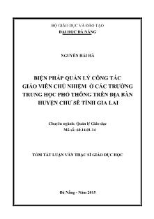Tóm tắt Luận văn Biện pháp quản lý công tác giáo viên chủ nhiệm ở các trường Trung học phổ thông trên địa bàn huyện Chư Sê tỉnh Gia Lai