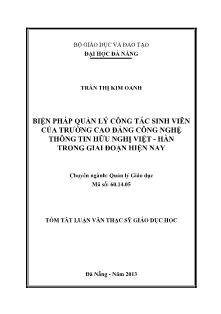 Tóm tắt Luận văn Biện pháp quản lý công tác sinh viên của trường Cao đẳng Công nghệ thông tin hữu nghị Việt – Hàn trong giai đoạn hiện nay