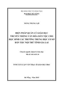 Tóm tắt Luận văn Biện pháp quản lý giáo dục truyền thống văn hóa dân tộc cho học sinh các trường THCS Dân tộc nội trú tỉnh Gia Lai