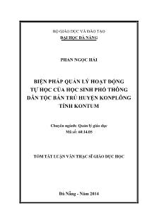 Tóm tắt Luận văn Biện pháp quản lý hoạt động tự học của học sinh Phổ thông dân tộc bán trú huyện Konplông tỉnh Kontum