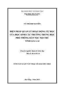 Tóm tắt Luận văn Biện pháp quản lý hoạt động tự học của học sinh các trường Trung học Phổ thông dân tộc nội trú tỉnh Gia Lai