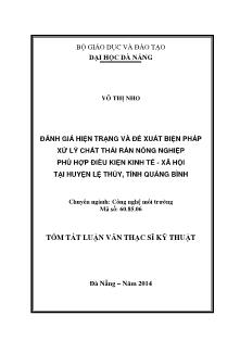 Tóm tắt Luận văn Đánh giá hiện trạng và đề xuất biện pháp xử lý chất thải rắn nông nghiệp phù hợp điều kiện kinh tế - xã hội tại huyện Lệ Thủy - Tỉnh Quảng Bình