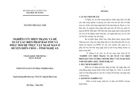 Tóm tắt Luận văn Nghiên cứu hiện trạng và đề xuất các biện pháp bảo tồn và phục hồi hệ thực vật ngập mặn ở huyện Diễn Châu - Tỉnh Nghệ An