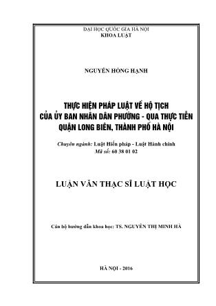 Tóm tắt Luận văn Thực hiện pháp luật về hộ tịch của Ủy ban nhân dân phường - Qua thực tiễn quận Long Biên, thành phố Hà Nội