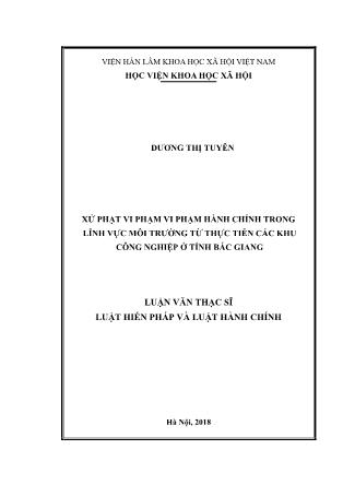 Tóm tắt Luận văn Xử phạt vi phạm vi phạm hành chính trong lĩnh vực môi trường từ thực tiễn các khu công nghiệp ở tỉnh Bắc Giang