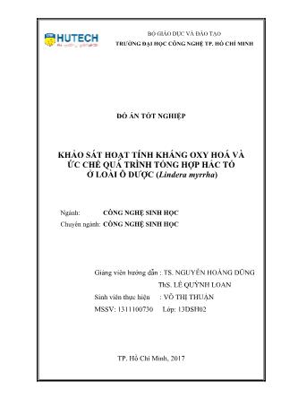 Đồ án Khảo sát hoạt tính kháng oxy hoá và ức chế quá trình tổng hợp hắc tố ở loài ô dược (Lindera myrrha)