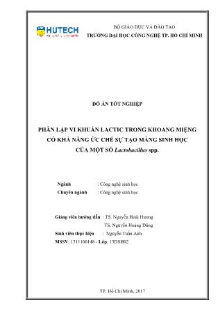 Đồ án Phân lập vi khuẩn lactic trong khoang miệng có khả năng ức chế sự tạo màng sinh học của một số Lactobacillus spp