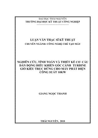 Luận văn Nghiên cứu, tính toán và thiết kế cơ cấu dẫn động điều khiển góc cánh turbine gió kiểu trục đứng cho máy phát điện công suất 10kW