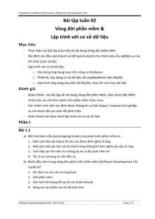 Bài tập môn Nhập môn Công nghệ phần mềm - Tuần 2: Vòng đời phần mềm & Lập trình với cơ sở dữ liệu