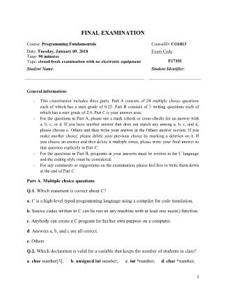 Đề thi học kỳ I môn Kỹ thuật lập trình - Mã đề F17101 - Năm học 2017-2018