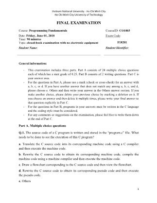 Đề thi học kỳ II môn Kỹ thuật lập trình - Mã đề F18201 - Năm học 2017-2018