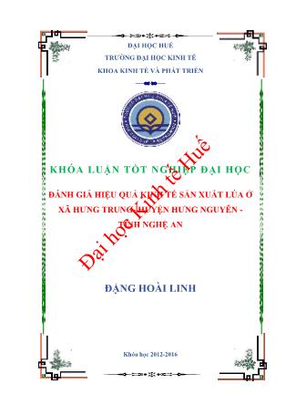 Khóa luận Đánh giá hiệu quả kinh tế sản xuất lúa ở xã Hưng Trung, huyện Hưng Nguyên, tỉnh Nghệ An