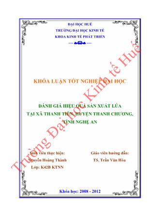 Khóa luận Đánh giá hiệu quả sản xuất lúa tại xã Thanh Tiên, huyện Thanh Chương, tỉnh Nghệ An