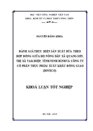 Khóa luận Đánh giá thực hiện sản xuất dứa theo hợp đồng giữa hộ nông dân xã Quang Sơn, thị xã Tam Điệp, tỉnh Ninh Bình và Công ty Cổ phần thực phẩm xuất khẩu Đồng Giao (DOVECO)