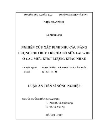 Luận án Nghiên cứu xác định nhu cầu năng lượng cho duy trì của bò sữa lai 3/4 HF ở các mức khối lượng khác nhau
