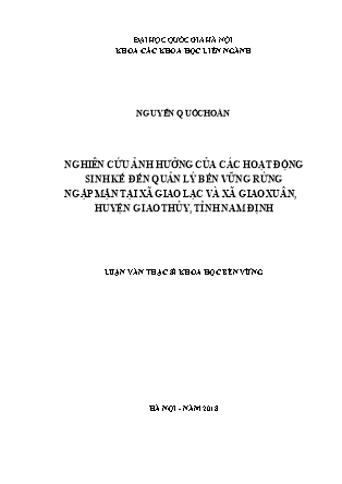 Luận văn Nghiên cứu ảnh hưởng của các hoạt động sinh kế đến quản lý bền vững rừng ngập mặn tại xã Giao Lạc và xã Giao Xuân, huyện Giao Thủy, tỉnh Nam Định