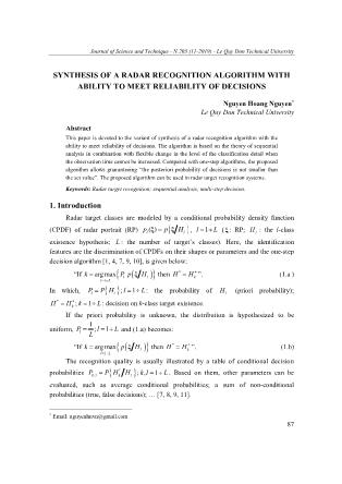 Synthesis of a radar recognition algorithm with ability to meet reliability of decisions