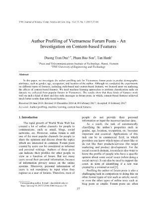 Author profiling of Vietnamese forum posts - An investigation on content-based features