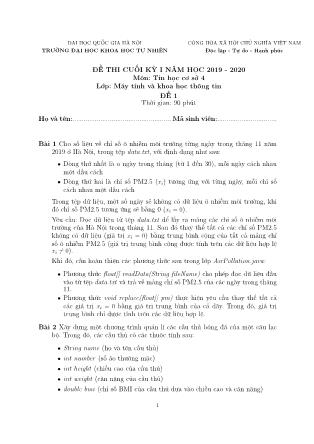 Đề thi cuối kỳ I môn Tin học cơ sở 4 - Đề 1 - Năm học 2019-2020 - Đại học Quốc gia Hà Nội