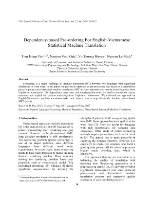 Dependency-based pre-ordering for English-Vietnamese statistical machine translation