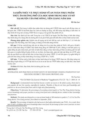 5-6 kiến thức và thực hành về an toàn thực phẩm thức ăn đường phố của học sinh Trung học Cơ sở tại huyện Tân Phú Đông, Tiền Giang năm 2018