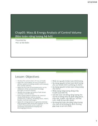 Bài giảng Kỹ thuật nhiệt - Chương 5: Mass & Energy Analysis of Control Volume (Bảo toàn năng lượng hệ hở) - Lê Văn Điểm