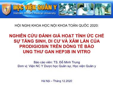 Bài thuyết trình Nghiên cứu đánh giá hoạt tính ức chế sự tăng sinh, di cư và xâm lấn của Prodigiosin trên dòng tế bào ung thư gan HEP3B in vitro - Đỗ Minh Trung