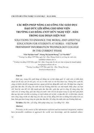 Các biện pháp nâng cao công tác giáo dục đạo đức lối sống cho sinh viên trường Cao đẳng CNTT Hữu Nghị Việt - Hàn trong giai đoạn hiện nay