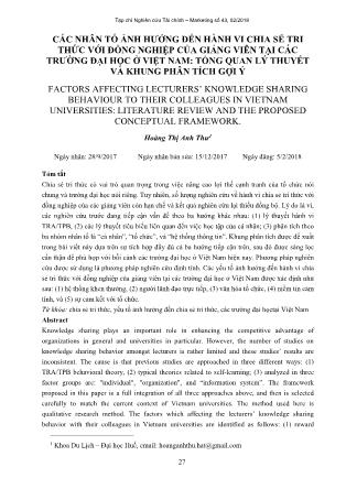 Các nhân tố ảnh hưởng đến hành vi chia sẻ tri thức với đồng nghiệp của giảng viên tại các trường đại học ở Việt Nam: Tổng quan lý thuyết và khung phân tích gợi ý
