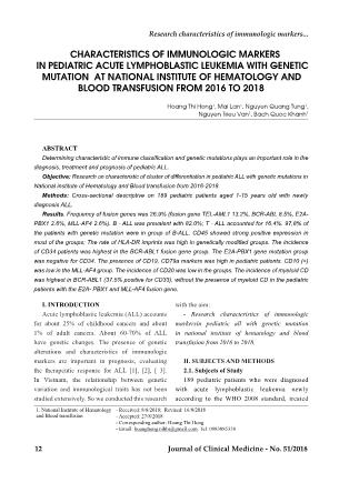 Characteristics of immunologic markers in pediatric acute lymphoblastic leukemia with genetic mutation at national institute of hematology and blood transfusion from 2016 to 2018