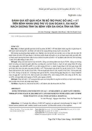 Đánh giá kết quả hóa trị bổ trợ phác đồ 4AC+4T trên bệnh nhân ung thư vú giai đoạn II, IIIA hạch nách dương tính tại Bệnh viện Đa khoa tỉnh Hà Tĩnh